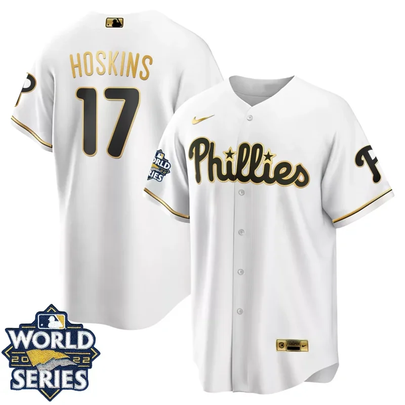 Cool White Kyle Schwarber Philadelphia Phillies Gold 2022 World Series Jersey All Stitched - Image 2