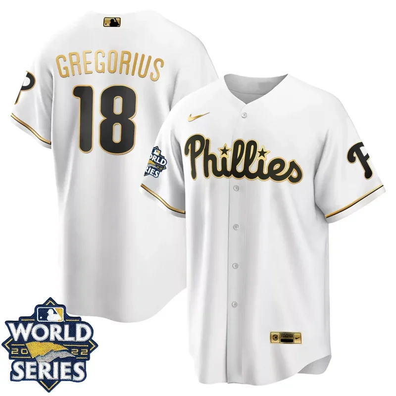 Cool White Kyle Schwarber Philadelphia Phillies Gold 2022 World Series Jersey All Stitched - Image 3
