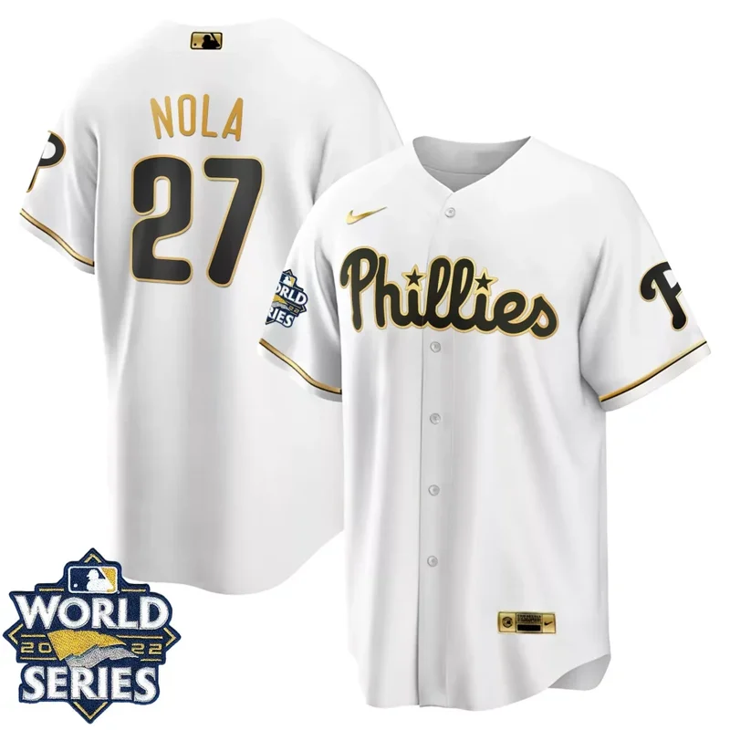 Cool White Kyle Schwarber Philadelphia Phillies Gold 2022 World Series Jersey All Stitched - Image 4