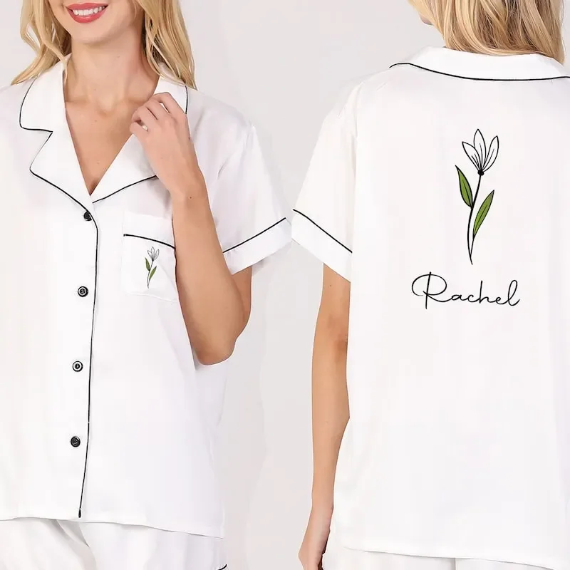 Customized Birthflower Set Birthday Bridesmaid Gift Bridal Pajamas Satin Pjs Pyjamas