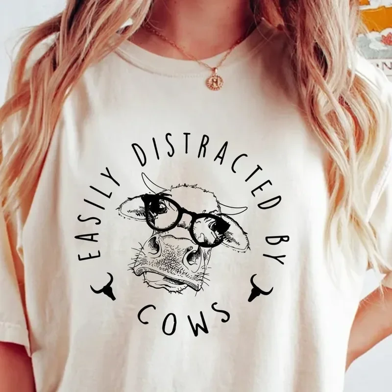 Easily Distracted By Cows Cow Aesthetic Funny T-Shirt Hoodie Sweater Farm Love Shirts Animal Tshirt Humorous Saying