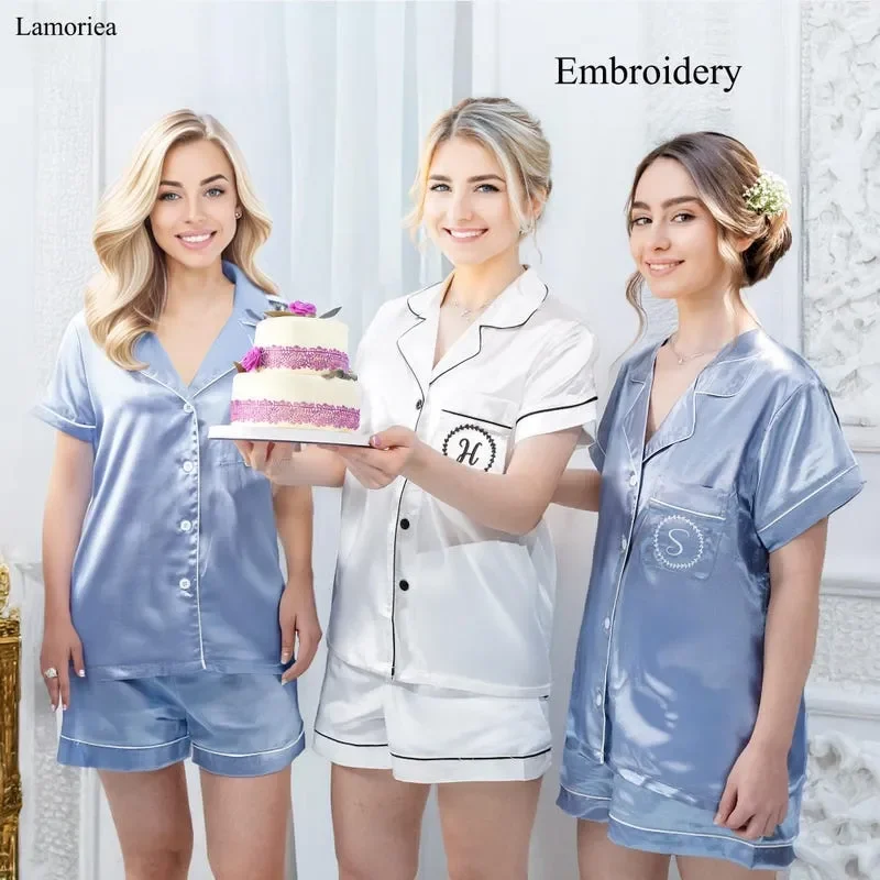 Embroidered Women Set Bridesmaid Proposal Satin Pjs Monogram Pajamas Pyjamas Bridal Shower Gift Matching for Her