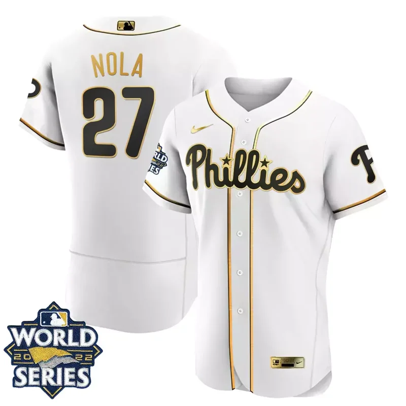 Flex White Rhys Hoskins Philadelphia Phillies Gold 2022 World Series Jersey All Stitched - Image 3