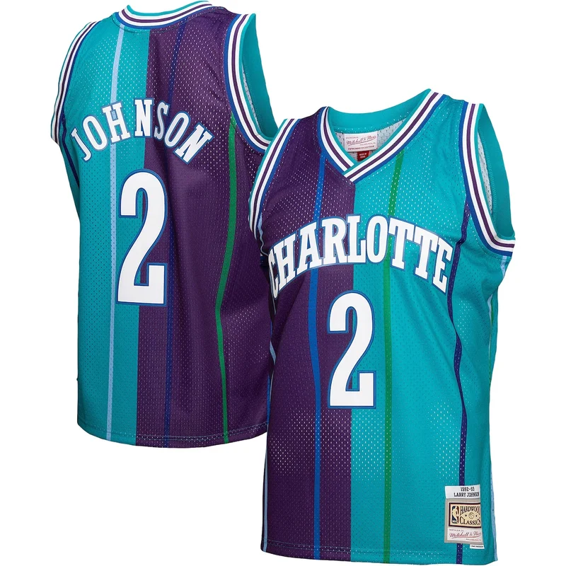 Larry Johnson Teal/Purple Charlotte Hornets Hardwood Classics 1992/93 Split Jersey