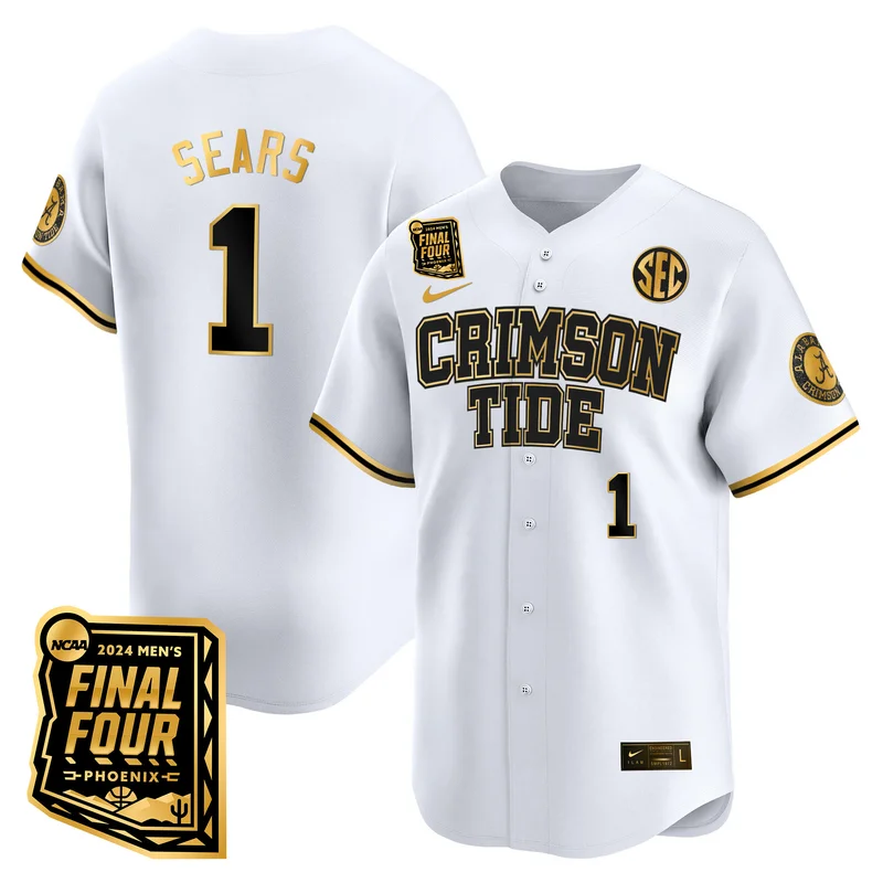 Alabama Crimson Tide #1 Sears White Gold Jersey Final Four Patch Baseball All Stitched