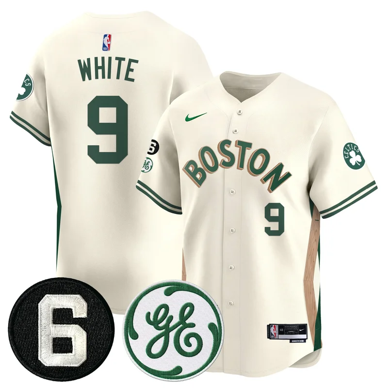 Boston Celtics #9 White Cream Jersey Bill Russell & John Havlicek Patch Baseball All Stitched
