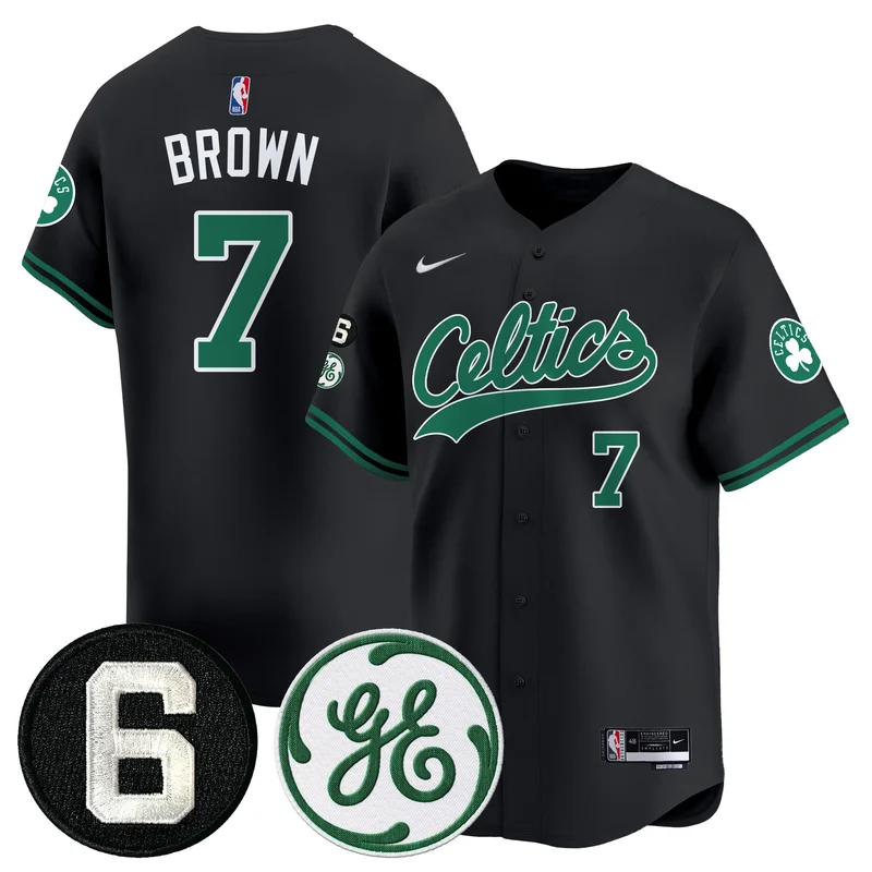 Boston Celtics #7 Brown Black Jersey Bill Russell & John Havlicek Patch Baseball All Stitched