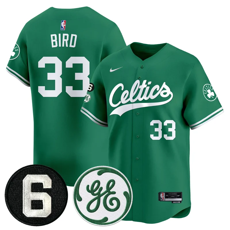 Boston Celtics #33 Bird Green Jersey Bill Russell & John Havlicek Patch Baseball All Stitched