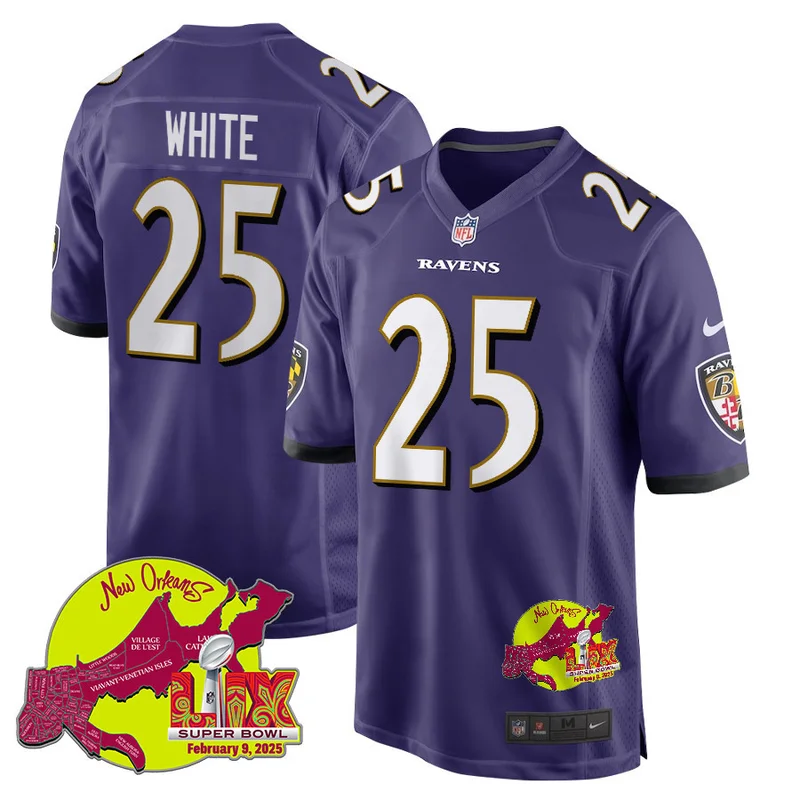 Tre'Davious White 25 Baltimore Ravens Jersey Super Bowl LIX New Orleans Patch Game - Purple