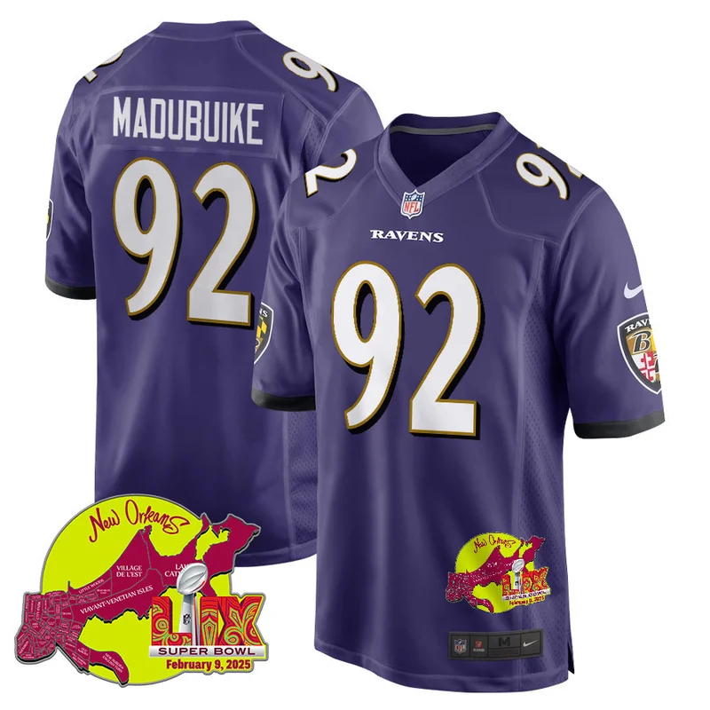 Nnamdi Madubuike 92 Baltimore Ravens Jersey Super Bowl LIX New Orleans Patch Game - Purple