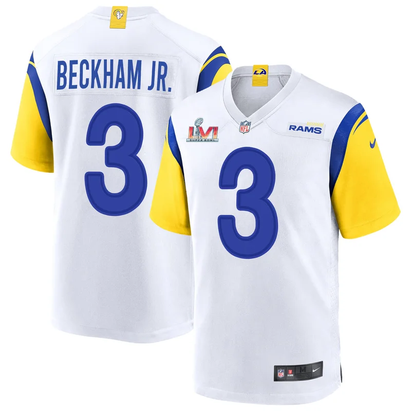 Super Bowl LVI Patch Los Angeles Rams Jersey Odell Beckham Jr 3 White