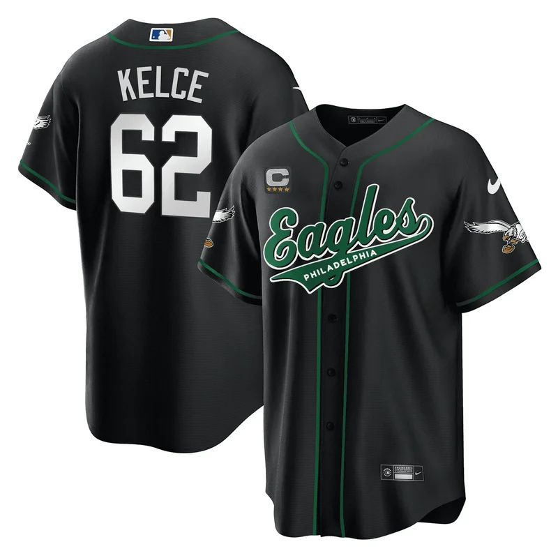 Jason Kelce 62 Philadelphia Eagles Jersey Baseball - Black