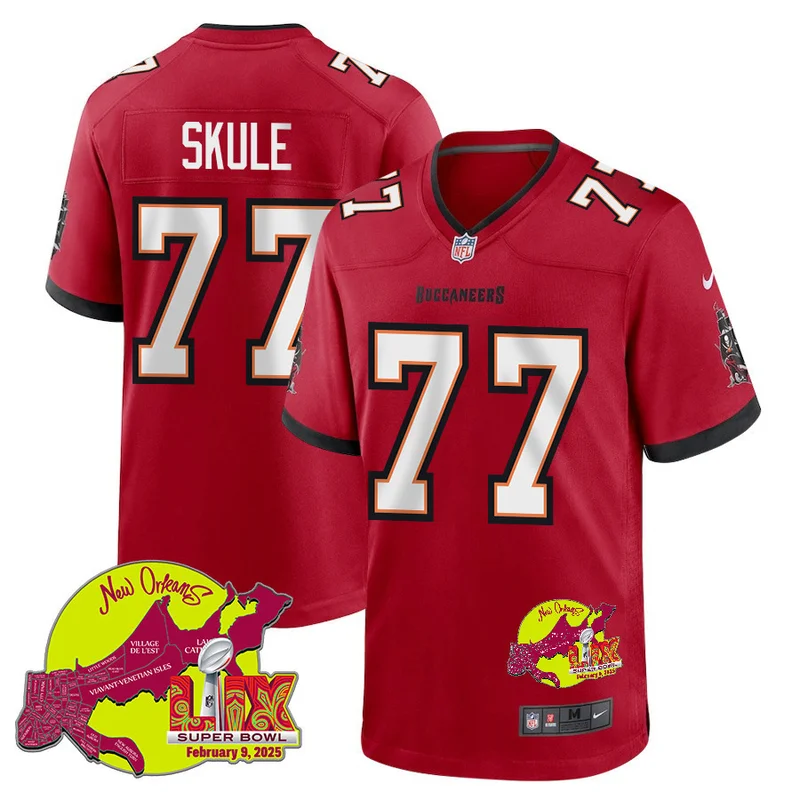 Justin Skule 77 Tampa Bay Buccaneers Jersey Super Bowl LIX New Orleans Patch Game - Red