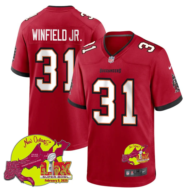 Antoine Winfield Jr 31 Tampa Bay Buccaneers Jersey Super Bowl LIX New Orleans Patch Game - Red
