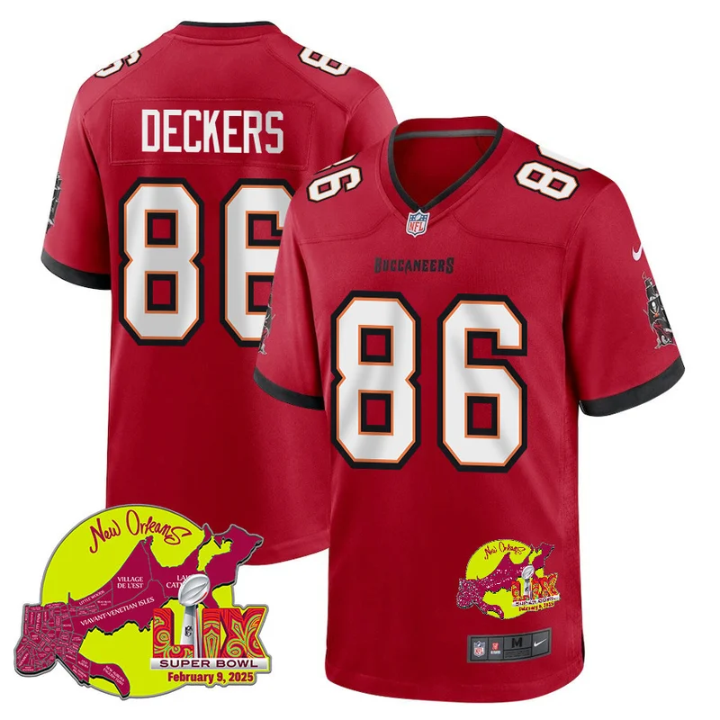 Evan Deckers 86 Tampa Bay Buccaneers Jersey Super Bowl LIX New Orleans Patch Game - Red