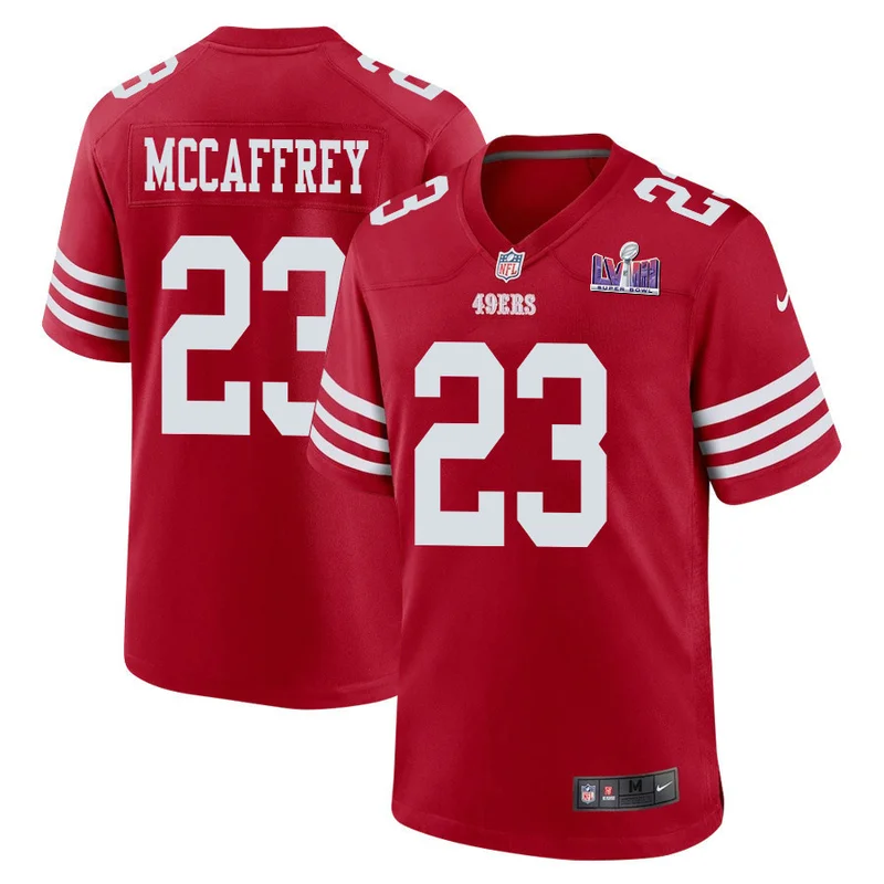 Christian McCaffrey 23 San Francisco 49ers Jersey Super Bowl LVIII Patch Game - Scarlet