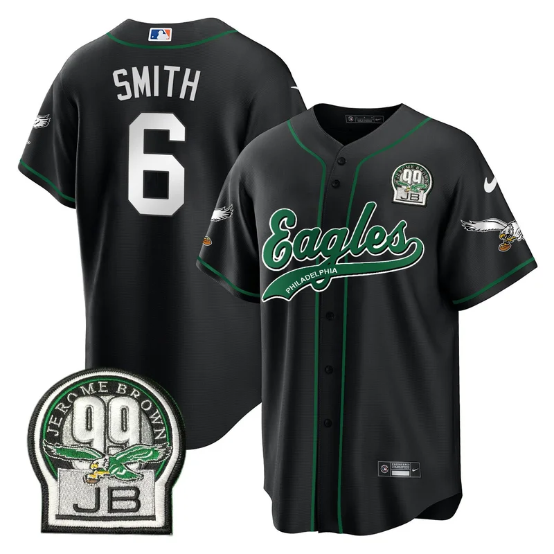 DeVonta Smith 6 Philadelphia Eagles Jersey Jerome Brown Retired Patch Baseball - Black
