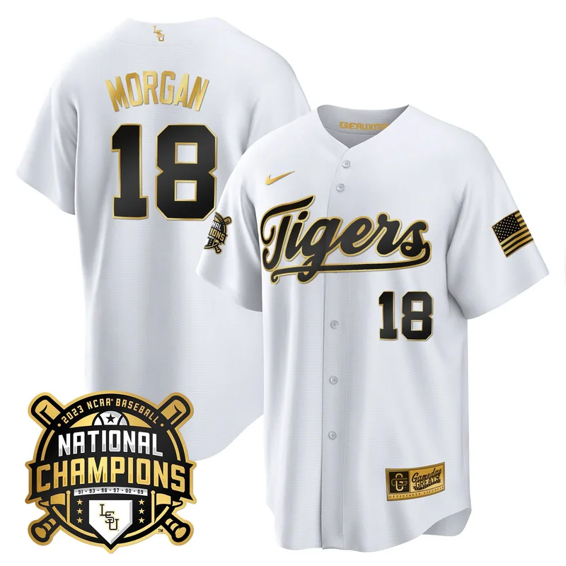 Tre Morgan 18 LSU Tigers Jersey 2023 National Champions Baseball Patch - White Gold