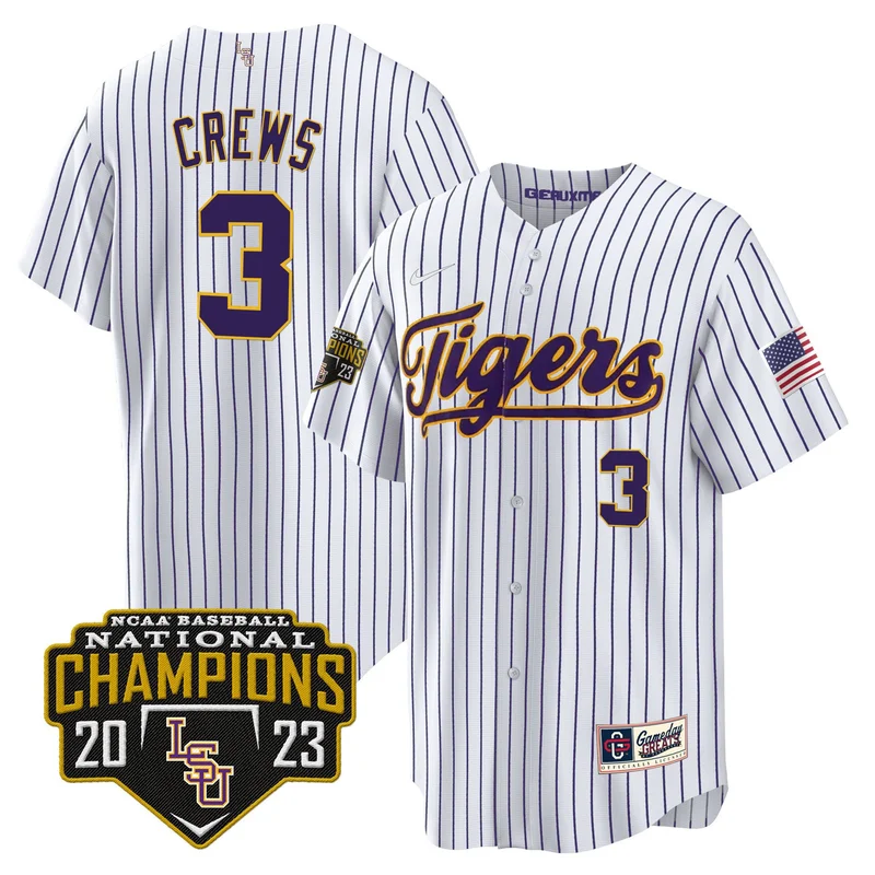Dylan Crews 3 LSU Tigers Jersey 2023 National Champions Baseball - Pinstripe