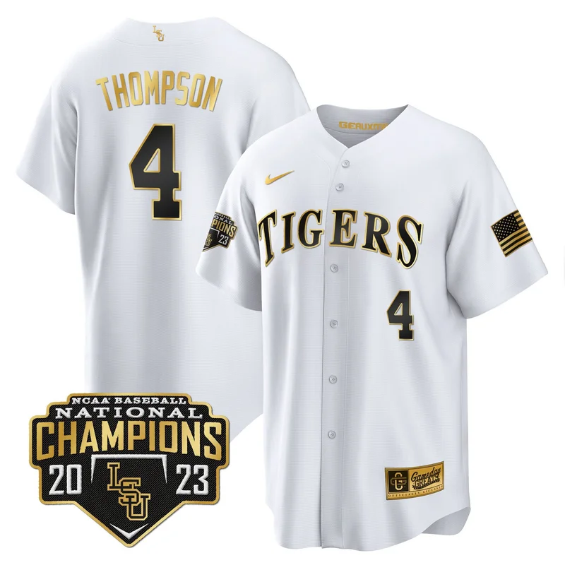 Jordan Thompson 4 LSU Tigers Jersey 2023 National Champions Baseball - White - Image 3