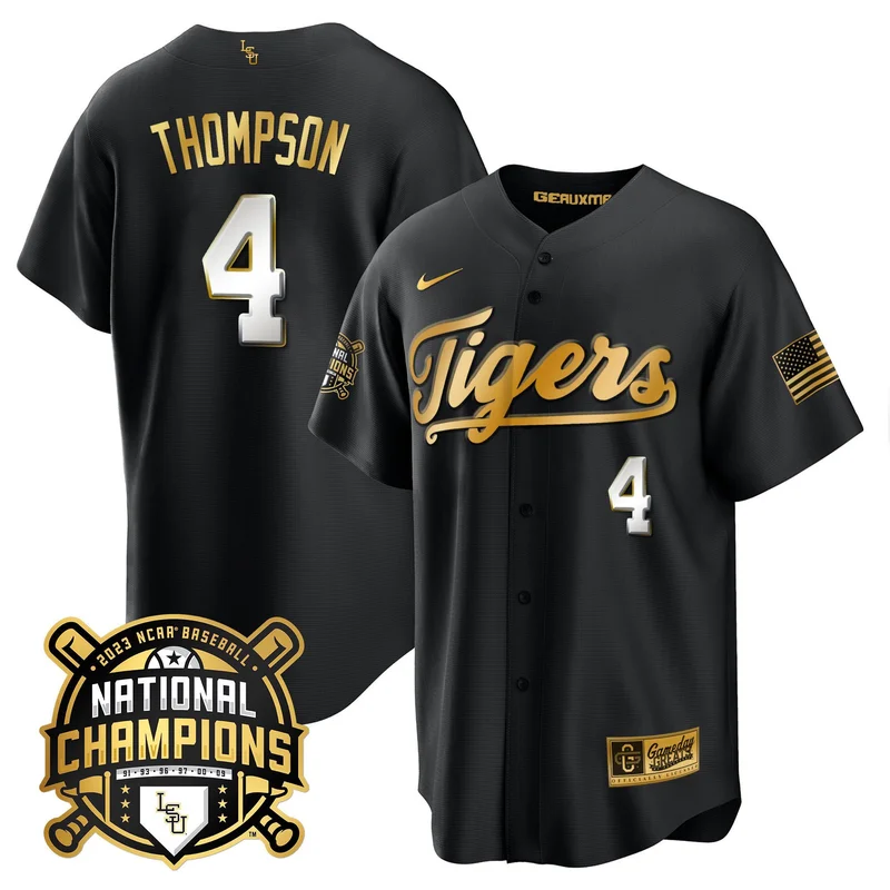 Jordan Thompson 4 LSU Tigers Jersey 2023 National Champions Baseball Patch - Black Limited