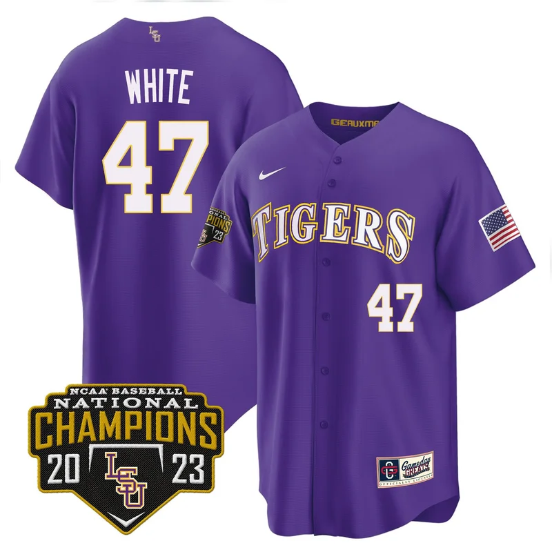 Tommy White 47 LSU Tigers Jersey 2023 National Champions Baseball - Pinstripe - Image 3