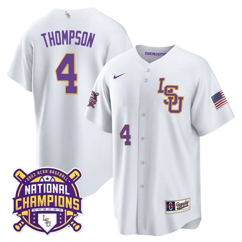 Jordan Thompson 4 LSU Tigers Jersey 2023 National Champions Baseball - Gold - Image 2