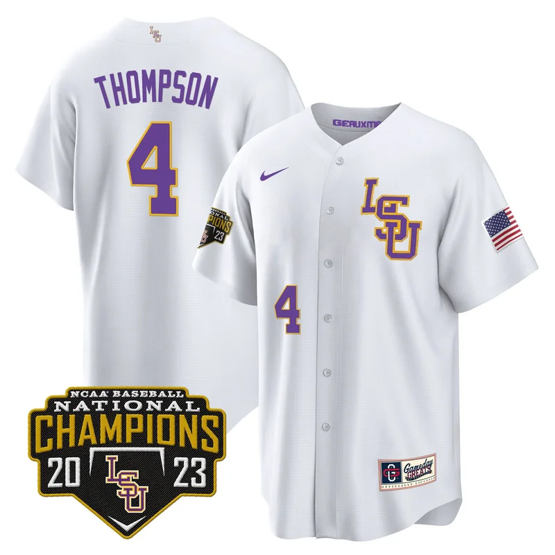 Jordan Thompson 4 LSU Tigers Jersey 2023 National Champions Baseball - Gold - Image 3