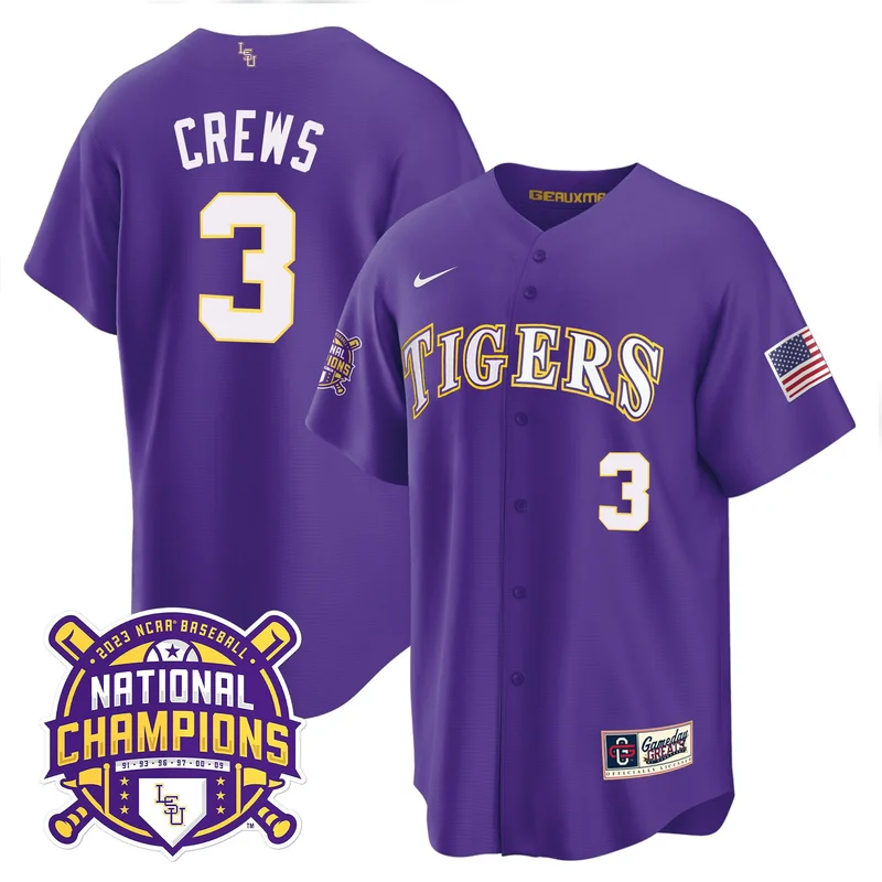 Dylan Crews 3 LSU Tigers Jersey 2023 National Champions Baseball Patch - Purple