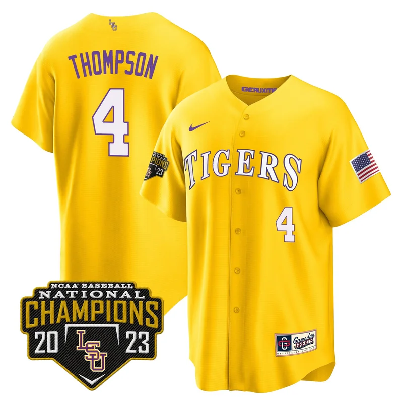 Jordan Thompson 4 LSU Tigers Jersey 2023 National Champions Baseball - Gold
