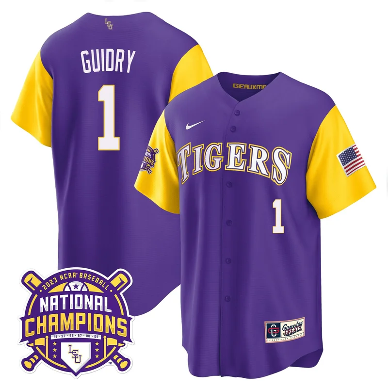 Weylin Guidry 1 LSU Tigers Jersey 2023 Color Sleeves Champions Baseball - Purple Sleeves