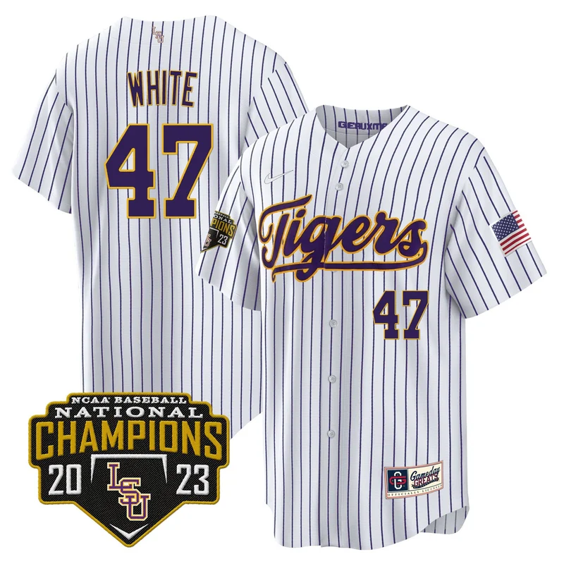 Tommy White 47 LSU Tigers Jersey 2023 National Champions Baseball - Pinstripe