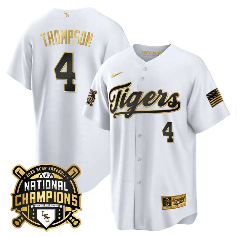 Jordan Thompson 4 LSU Tigers Jersey 2023 National Champions Baseball - White - Image 2