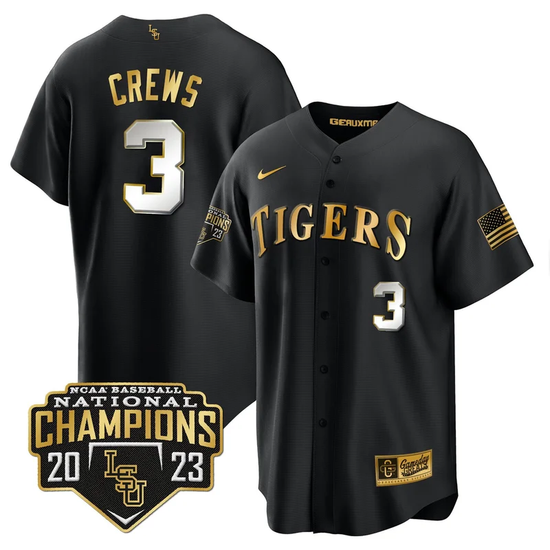 Dylan Crews 3 LSU Tigers Jersey 2023 National Champions Baseball Patch - Black Limited - Image 2