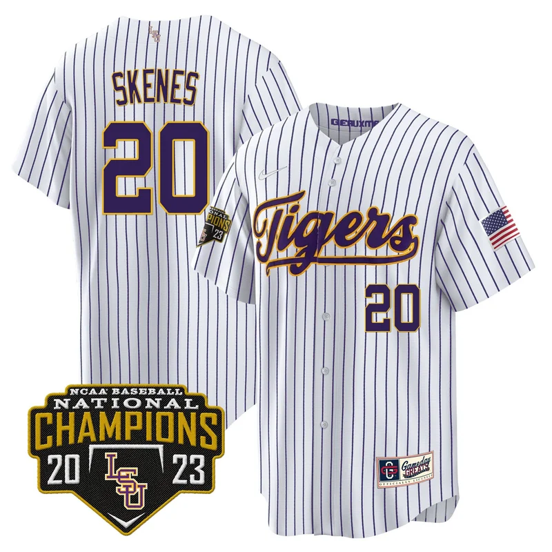 Paul Skenes 20 LSU Tigers Jersey 2023 National Champions Baseball Patch - Pinstripe - Image 2