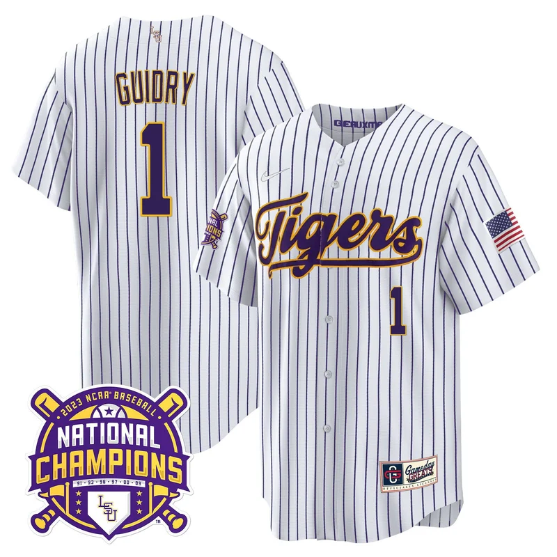 Weylin Guidry 1 LSU Tigers Jersey 2023 National Champions Baseball - Pinstripe