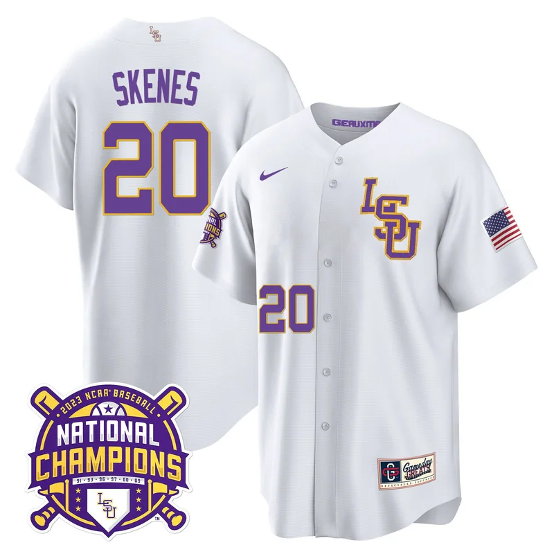 Paul Skenes 20 LSU Tigers Jersey 2023 National Champions Baseball - White - Image 2