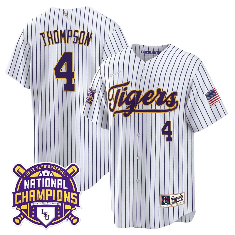 Jordan Thompson 4 LSU Tigers Jersey 2023 National Champions Baseball Patch - Pinstripe