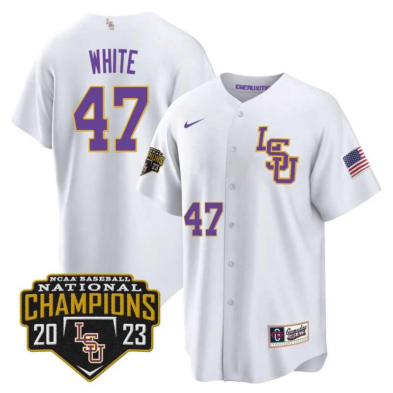Tommy White 47 LSU Tigers Jersey 2023 National Champions Baseball Patch - Gold - Image 3