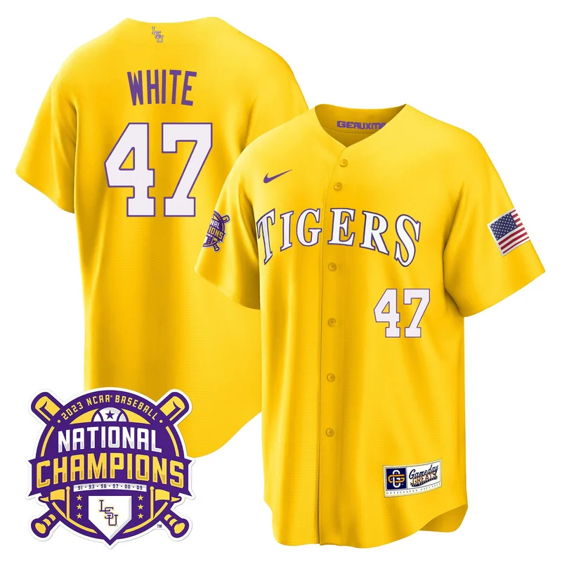 Tommy White 47 LSU Tigers Jersey 2023 National Champions Baseball Patch - Gold