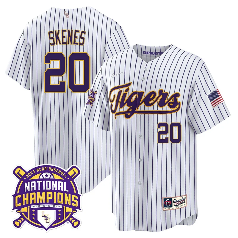 Paul Skenes 20 LSU Tigers Jersey 2023 National Champions Baseball Patch - Pinstripe