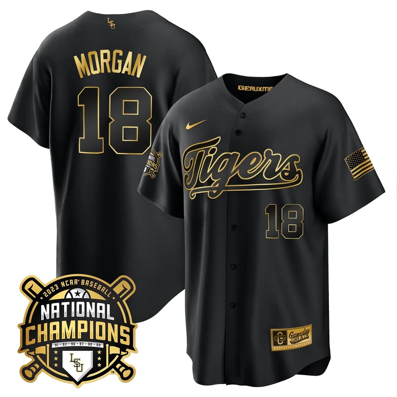 Tre Morgan 18 LSU Tigers Jersey 2023 National Champions Baseball Patch - Black Gold