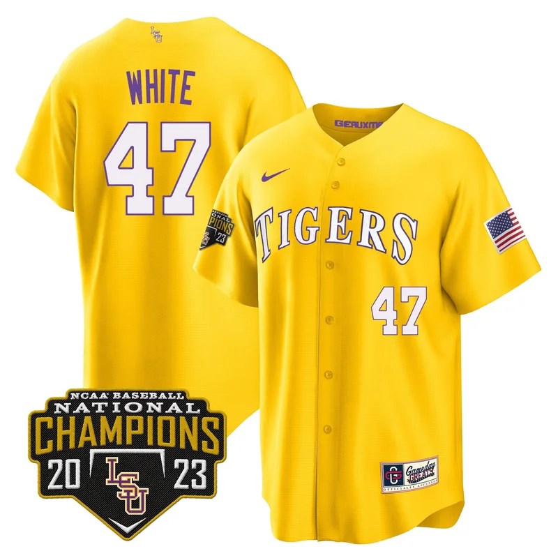 Tommy White 47 LSU Tigers Jersey 2023 National Champions Baseball Patch - Gold - Image 2