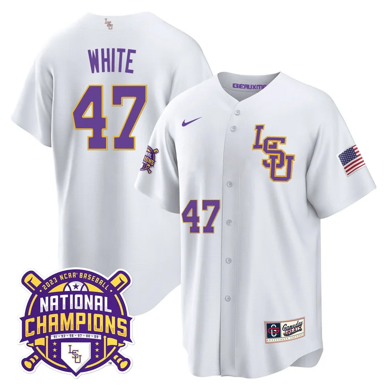 Tommy White 47 LSU Tigers Jersey 2023 National Champions Baseball Patch - Gold - Image 4