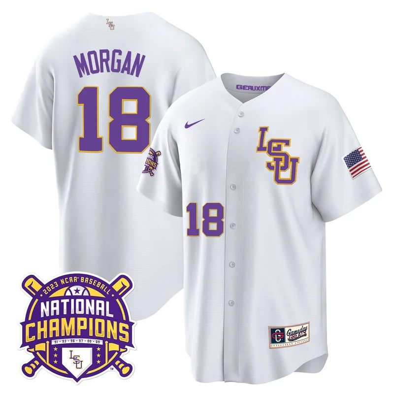 Tre Morgan 18 LSU Tigers Jersey 2023 National Champions Baseball Patch - White LSU