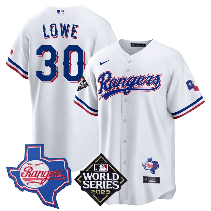 Nathaniel Lowe 30 Texas Rangers Jersey 2023 World Series & Texas State Patch - Red - Image 2