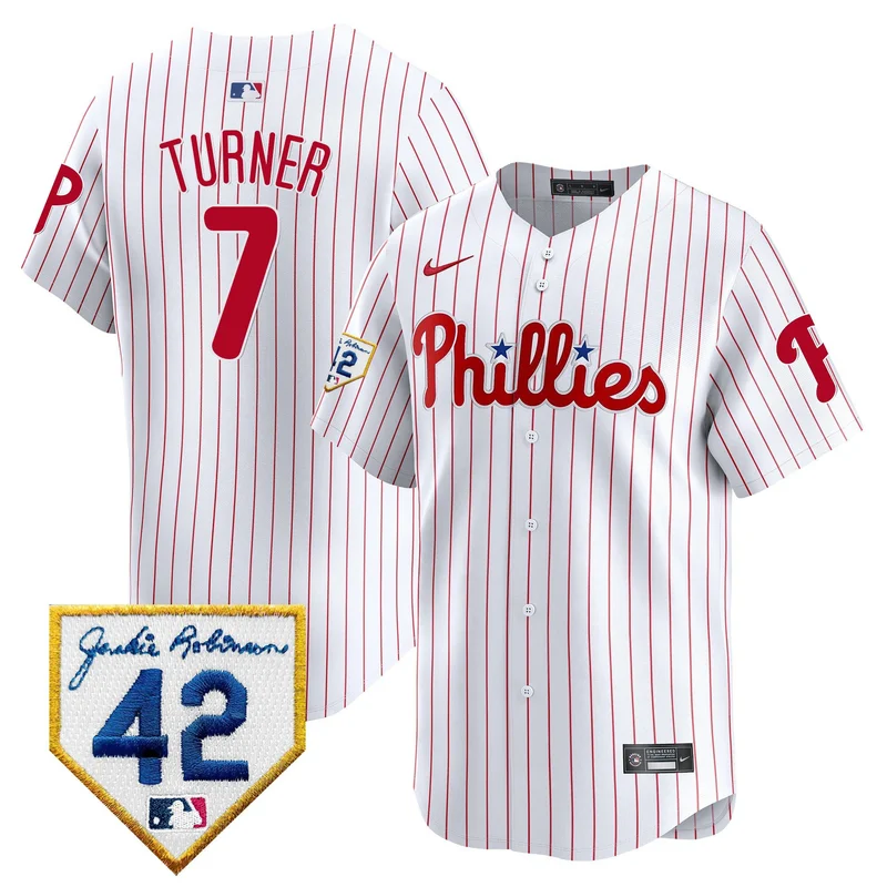 Trea Turner 7 Philadelphia Phillies Jersey 2024 Jackie Robinson Patch - Red - Image 2