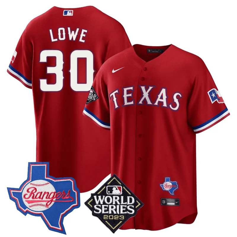 Nathaniel Lowe 30 Texas Rangers Jersey 2023 World Series & Texas State Patch - Red
