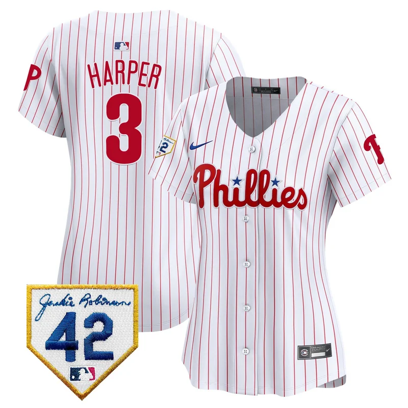 Bryce Harper 3 Philadelphia Phillies Jersey 2024 Jackie Robinson Patch - White