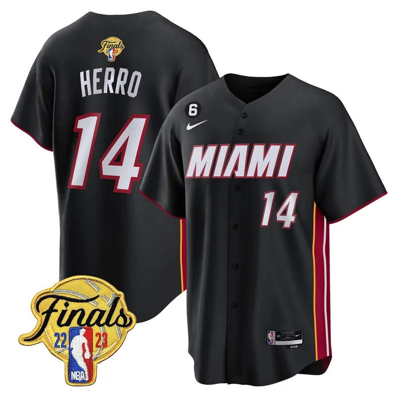 Tyler Herro 14 Miami Heat Jersey 2023 Finals Patch Baseball - Black